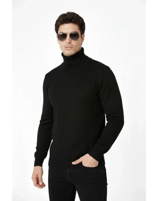 Tam Boğazlı Balıkcı Yaka Triko Kazak Yumuşak Dokulu Pamuklu Ince Dokuma, Uzun Kollu Rahat Regular Kalıp  Siyah