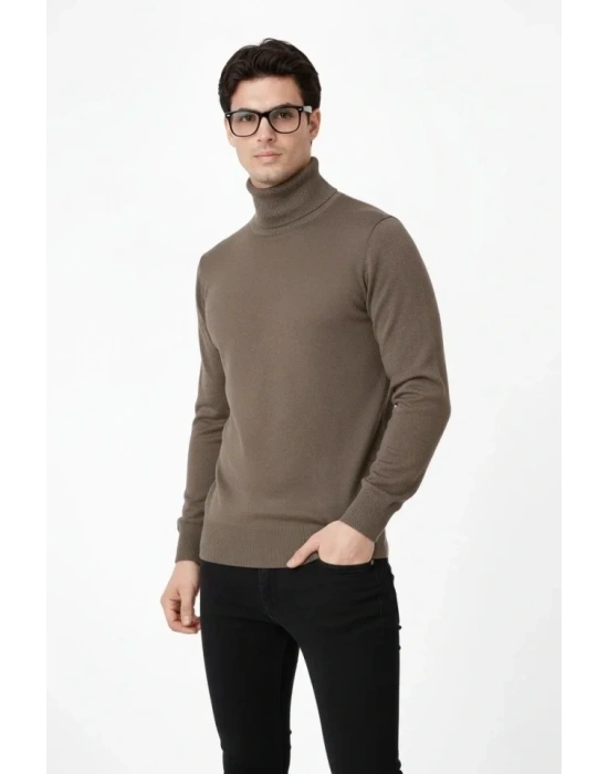 Tam Boğazlı Balıkcı Yaka Triko Kazak Yumuşak Dokulu Pamuklu Ince Dokuma, Uzun Kollu Rahat Regular Kalıp  Kahverengi