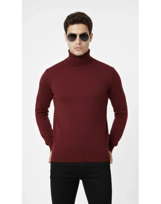 Tam Boğazlı Balıkcı Yaka Triko Kazak Yumuşak Dokulu Pamuklu Ince Dokuma, Uzun Kollu Rahat Regular Kalıp  Bordo