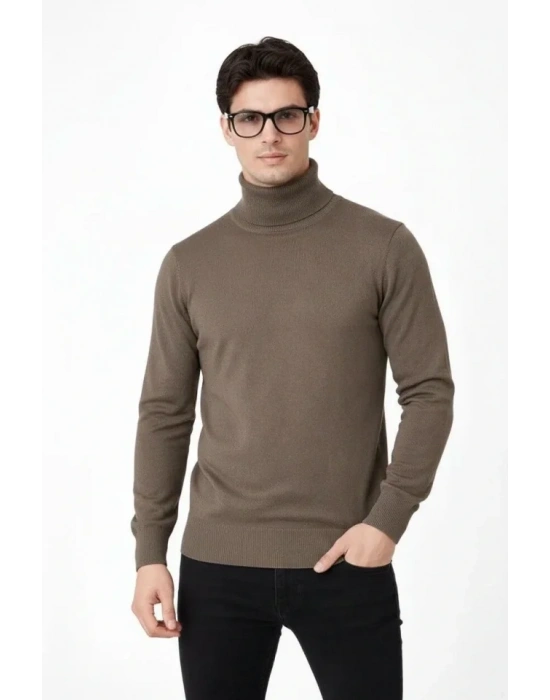 Tam Boğazlı Balıkcı Yaka Triko Kazak Yumuşak Dokulu Pamuklu Ince Dokuma, Uzun Kollu Rahat Regular Kalıp  Kahverengi