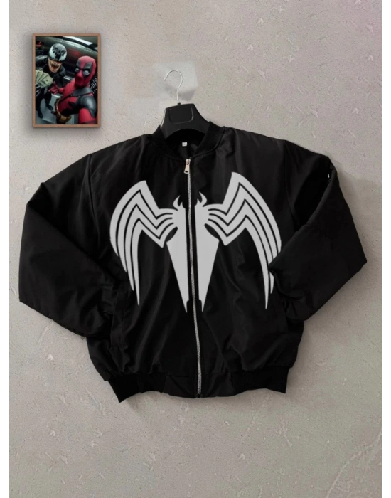 Tam Fermuarlı Uzun Kol Baskılı Bomber Ceket  iyah