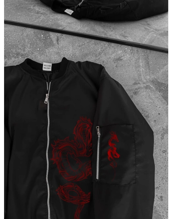 Tam Fermuarlı Uzun Kol Baskılı Bomber Ceket  iyah