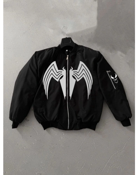 Tam Fermuarlı Uzun Kol Baskılı Bomber Ceket  iyah