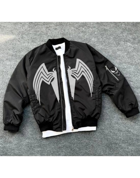 Tam Fermuarlı Uzun Kol Baskılı Bomber Ceket  iyah