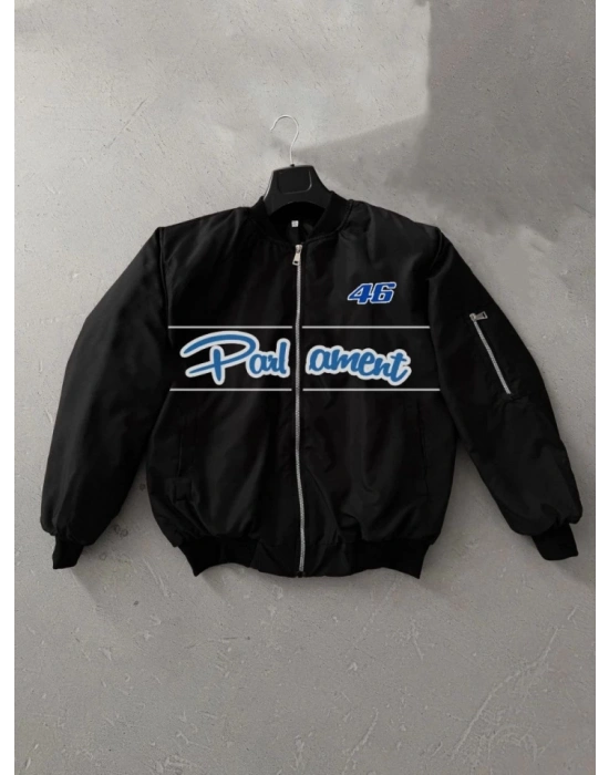 Tam Kalıp Uzun Kol Baskılı Bomber Ceket  iyah