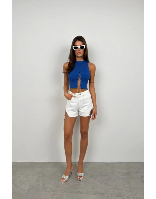 Taş Detay Dekolteli Crop Bluz