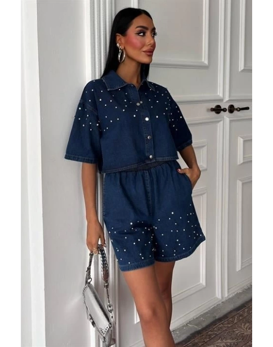 Taş Detaylı Gömlek Şort Denim Takım 10175