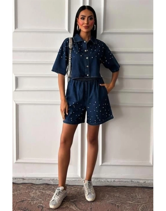Taş Detaylı Gömlek Şort Denim Takım 10175
