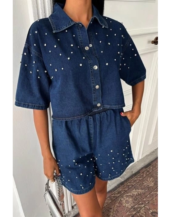 Taş Detaylı Gömlek Şort Denim Takım 10175