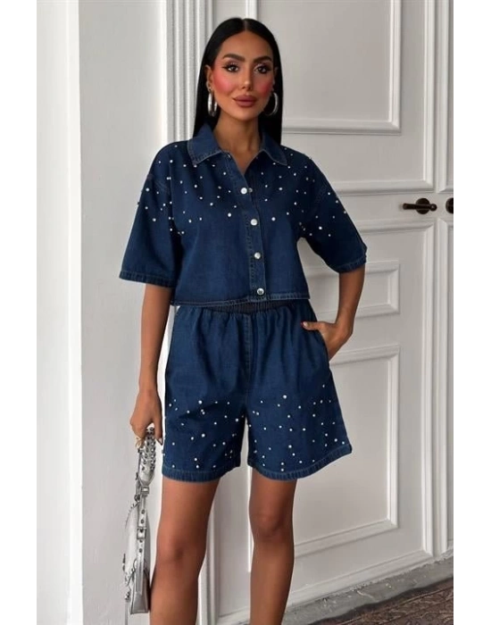 Taş Detaylı Gömlek Şort Denim Takım 10175