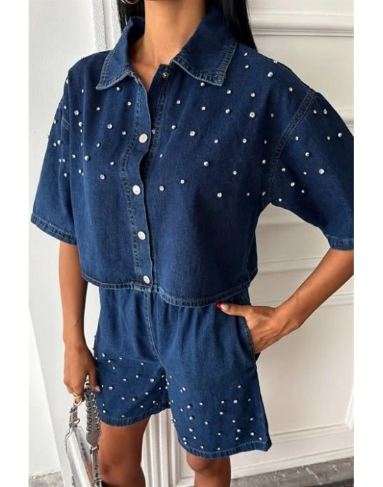 Taş Detaylı Gömlek Şort Denim Takım 10175
