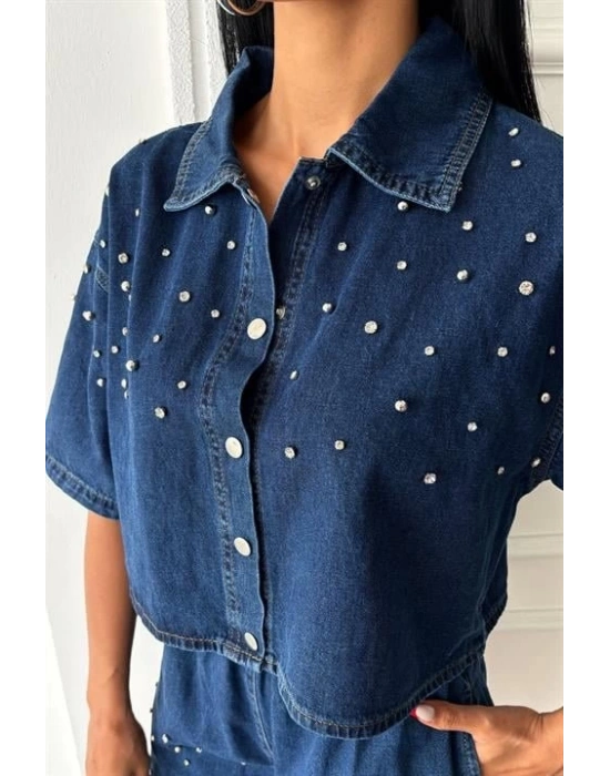 Taş Detaylı Gömlek Şort Denim Takım 10175