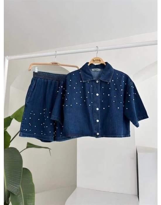 Taş Detaylı Gömlek Şort Denim Takım 10175