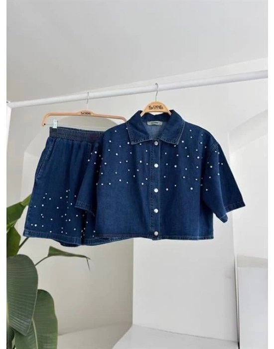 Taş Detaylı Gömlek Şort Denim Takım 10175
