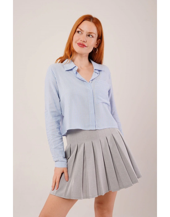 Tek Cep Çizgili Mavi Kısa Gömlek