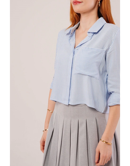 Tek Cep Çizgili Mavi Kısa Gömlek