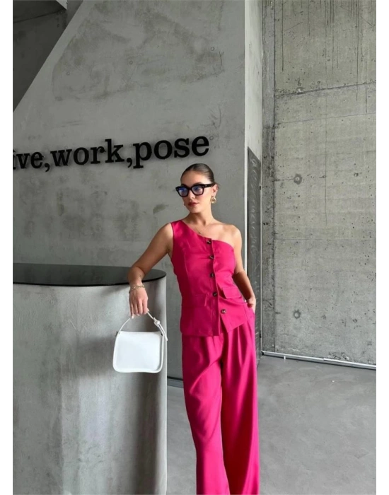 TEK KOL YELEK  PANTOLON TAKI ATLA  Fuşya