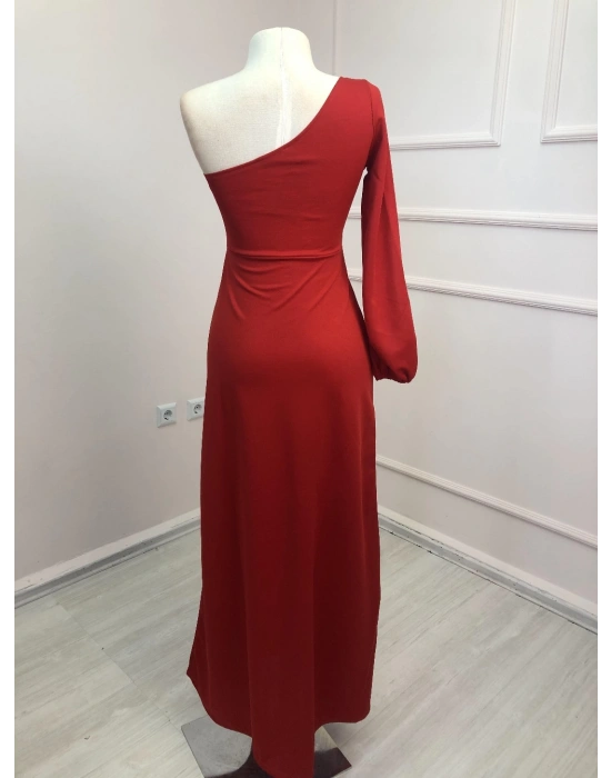 Tek Omuz Açık Derin Yırtmaçlı Krep Tam Boy Elbise