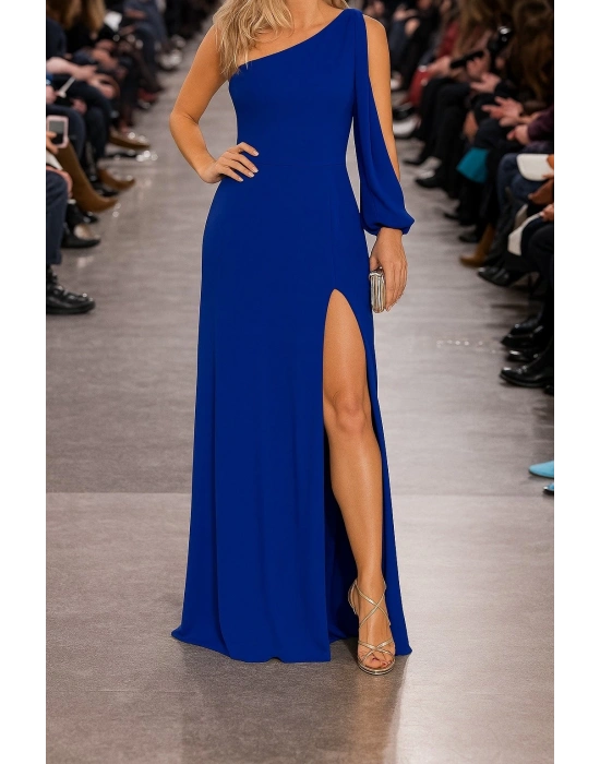 Tek Omuz Açık Derin Yırtmaçlı Krep Tam Boy Elbise
