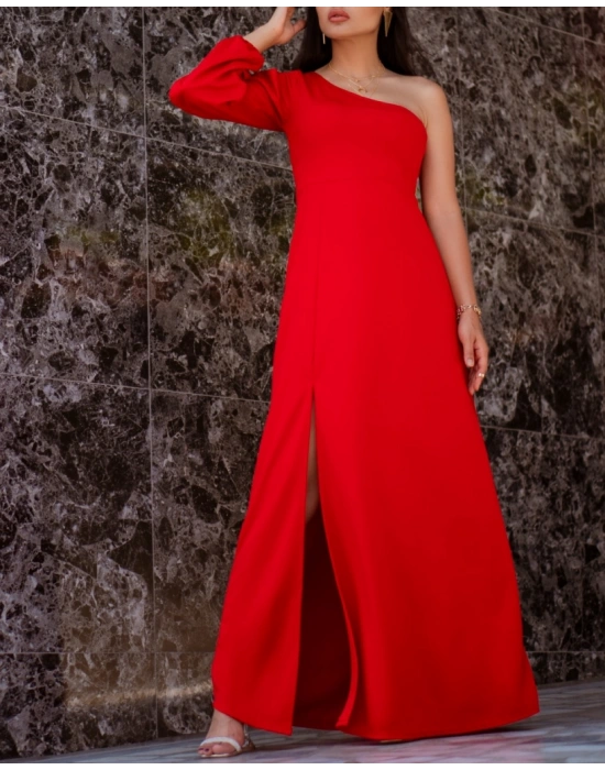 Tek Omuz Açık Derin Yırtmaçlı Krep Tam Boy Elbise