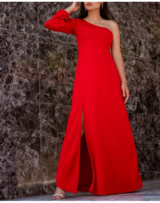 Tek Omuz Açık Derin Yırtmaçlı Krep Tam Boy Elbise