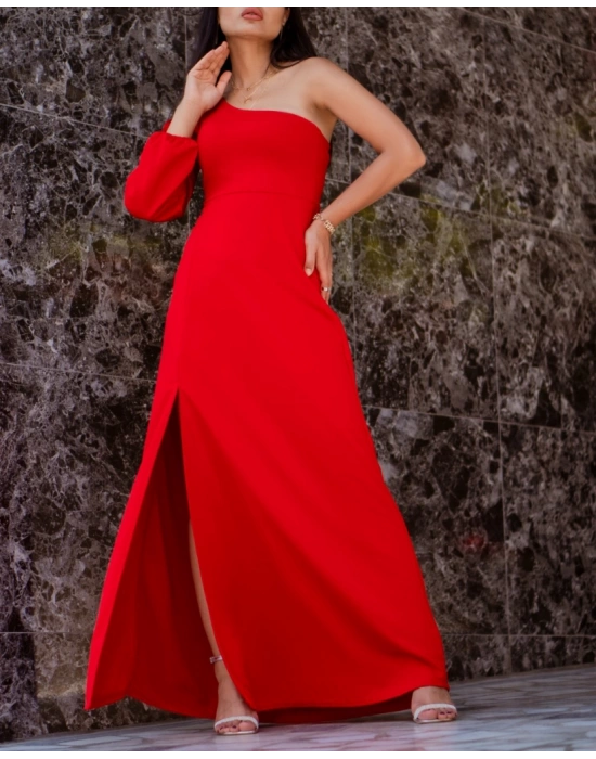 Tek Omuz Açık Derin Yırtmaçlı Krep Tam Boy Elbise