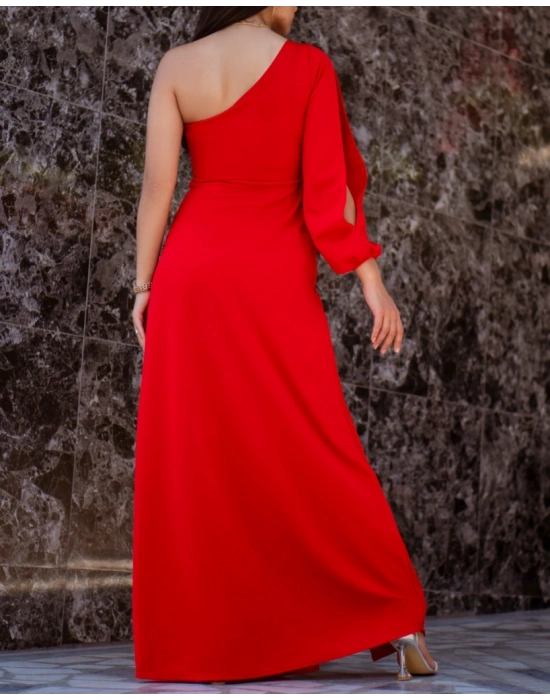 Tek Omuz Açık Derin Yırtmaçlı Krep Tam Boy Elbise
