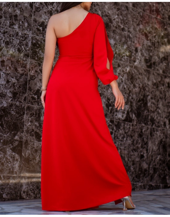 Tek Omuz Açık Derin Yırtmaçlı Krep Tam Boy Elbise