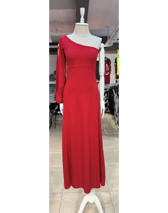 Tek Omuz Açık Derin Yırtmaçlı Krep Tam Boy Elbise