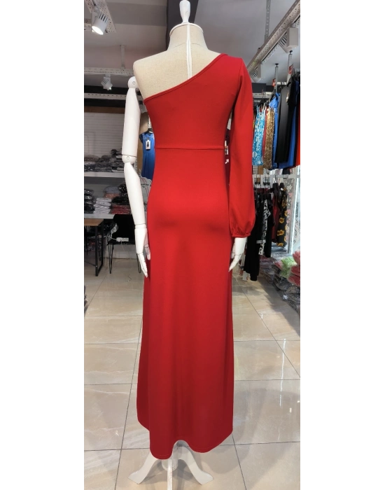 Tek Omuz Açık Derin Yırtmaçlı Krep Tam Boy Elbise