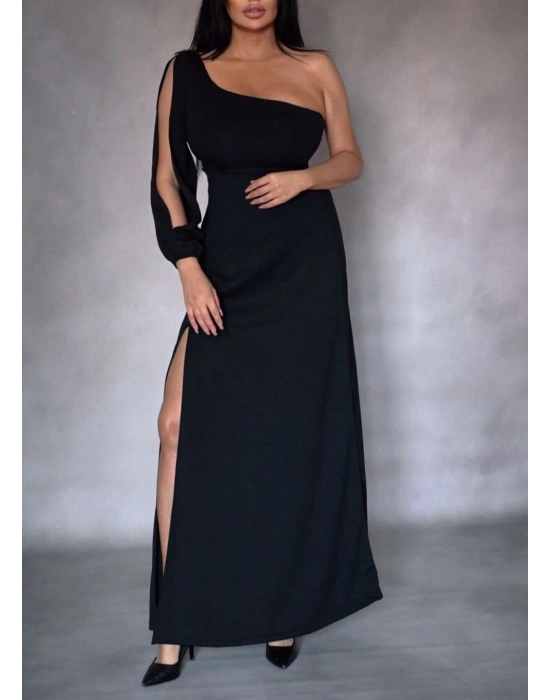 Tek Omuz Açık Derin Yırtmaçlı Krep Tam Boy Elbise