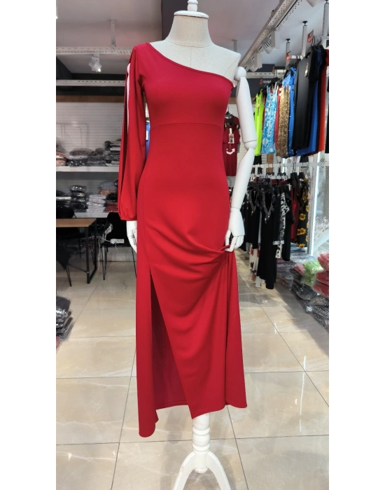 Tek Omuz Açık Derin Yırtmaçlı Krep Tam Boy Elbise