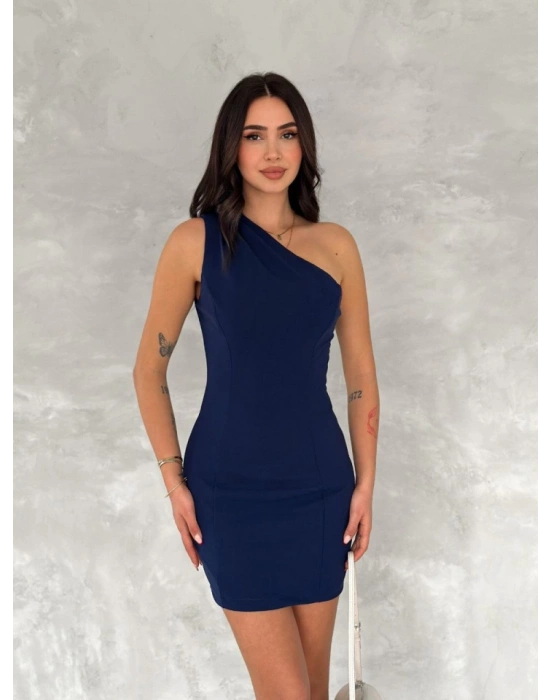 Tek Omuzlu Kolsuz ini Boy Elbise  Lacivert