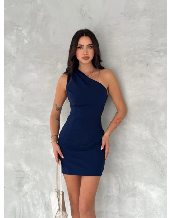 Tek Omuzlu Kolsuz ini Boy Elbise  Lacivert