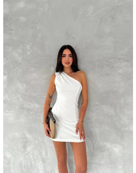 Tek Omuzlu Kolsuz Mini Boy Elbise  Beyaz