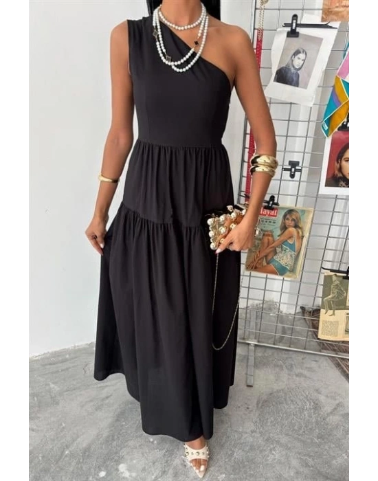 Tek Omuzlu Pile Detay Maxi Elbise 2895