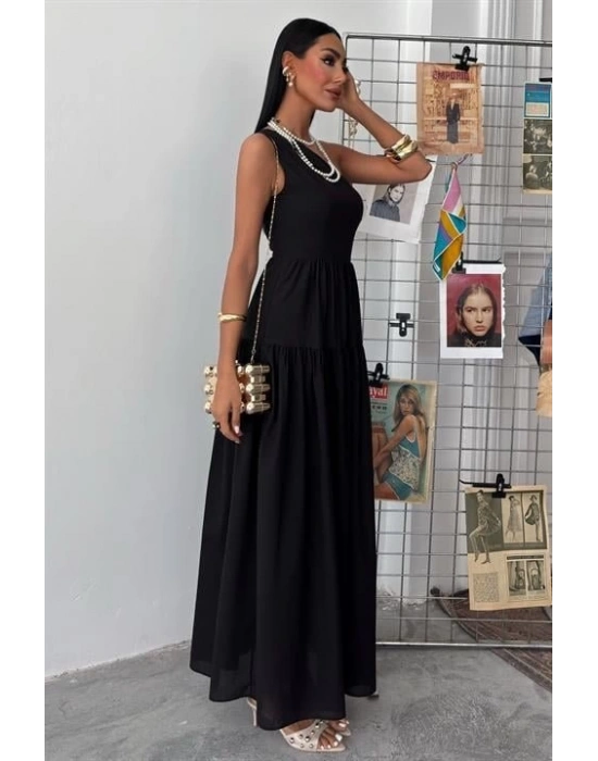 Tek Omuzlu Pile Detay Maxi Elbise 2895