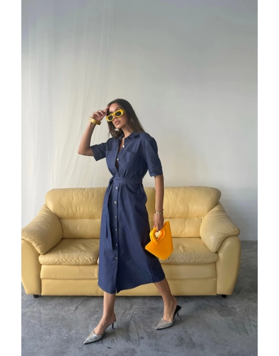 TENCEL ÖNDEN DÜĞMELİ KIA KOL ELBİE  Mavi