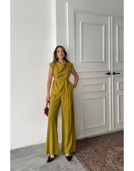 TENCEL ODAL KOLSUZ BLUZ KAPALI CEP DETAYLI DÖKÜLÜ  PANTOLON TAKI  Yağ Yeşili