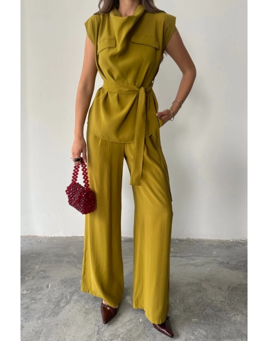 TENCEL ODAL KOLSUZ BLUZ KAPALI CEP DETAYLI DÖKÜLÜ  PANTOLON TAKI  Yağ Yeşili