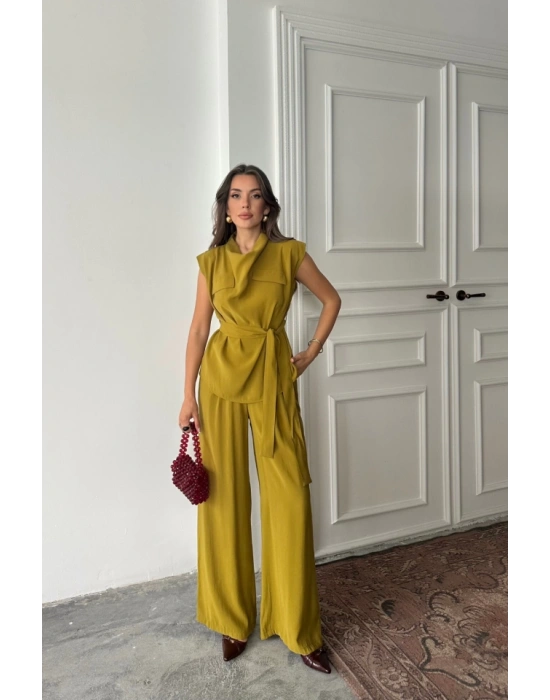 TENCEL ODAL KOLSUZ BLUZ KAPALI CEP DETAYLI DÖKÜLÜ  PANTOLON TAKI  Yağ Yeşili