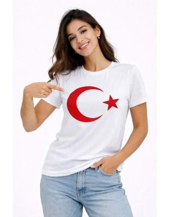 Thirt Kısa Kol Bisiklet Yaka Ay Yıldız Bayrak Baskılı Tişört  Beyaz