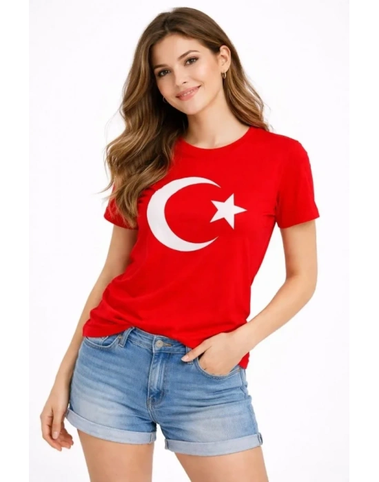 Thirt Kısa Kol Bisiklet Yaka Ay Yıldız Bayrak Baskılı Tişört  Kırmızı