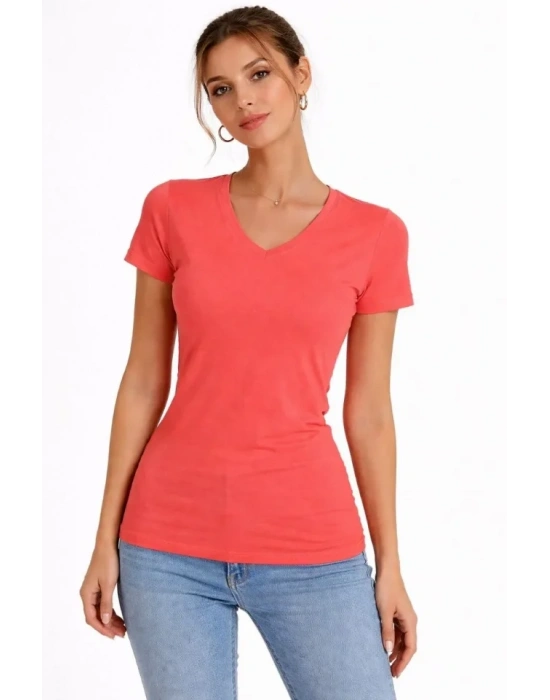 Thirt V Yaka lim Fit ikralı Tişört Günlük Basic Body  Nar Çiçeği