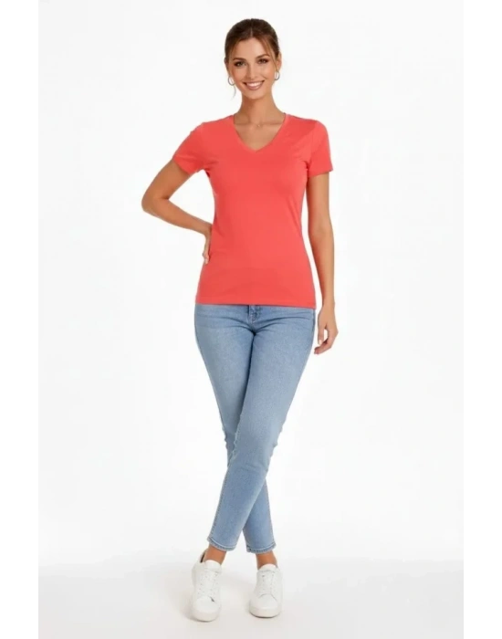 Thirt V Yaka lim Fit ikralı Tişört Günlük Basic Body  Nar Çiçeği