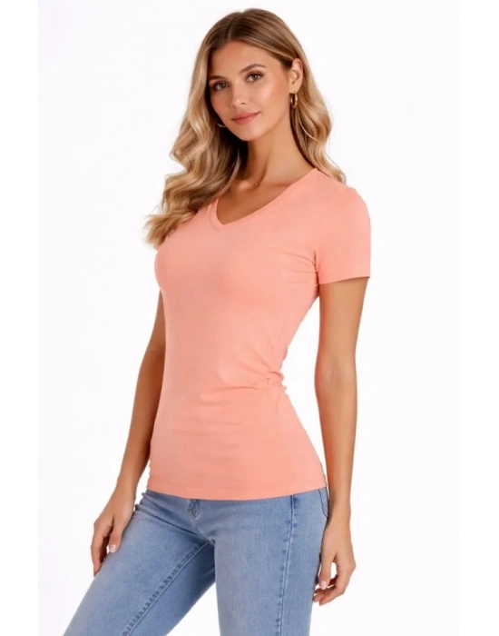 Thirt V Yaka lim Fit ikralı Tişört Günlük Basic Body  Toz Pembe