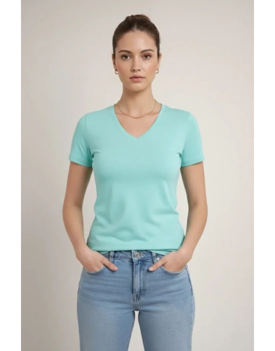 Thirt V Yaka lim Fit ikralı Tişört Günlük Basic Body  Turkuvaz