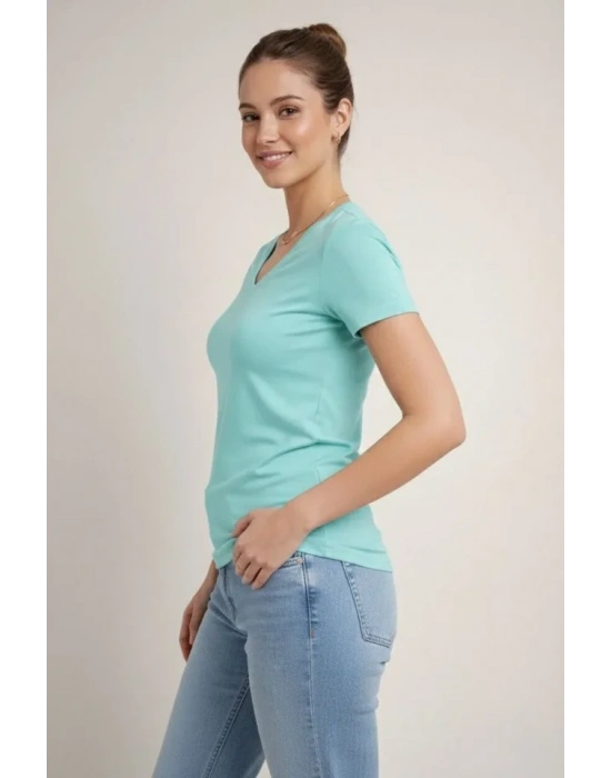 Thirt V Yaka lim Fit ikralı Tişört Günlük Basic Body  Turkuvaz