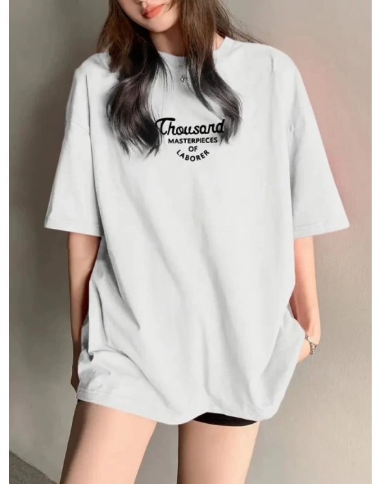 Thousand Baskılı Oversize Bisiklet Yaka Tshirt  Beyaz