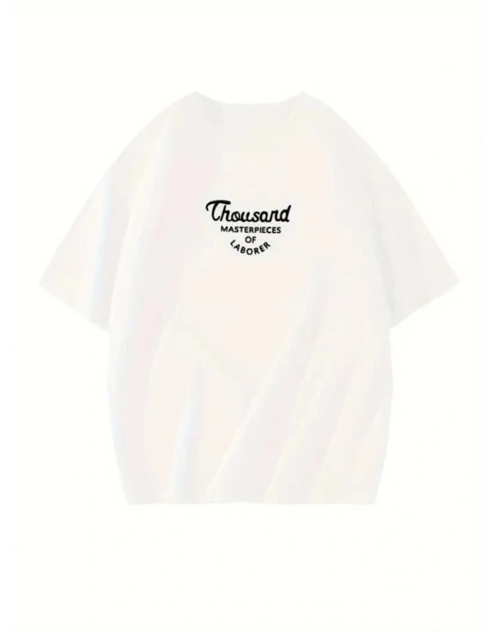 Thousand Baskılı Oversize Bisiklet Yaka Tshirt  Beyaz